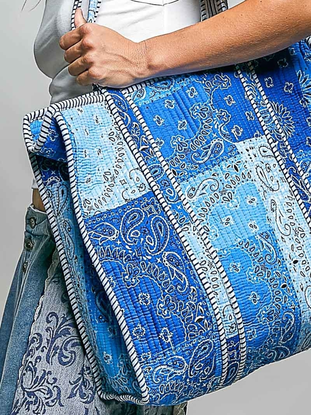 POL Blue Patchwork Paisley Tote Bag - Women's Shoulder Bag - Picture 4 of 10